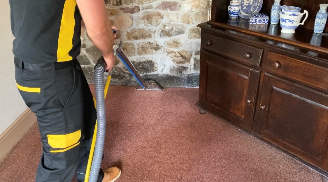 Professional carpet cleaning technician at work