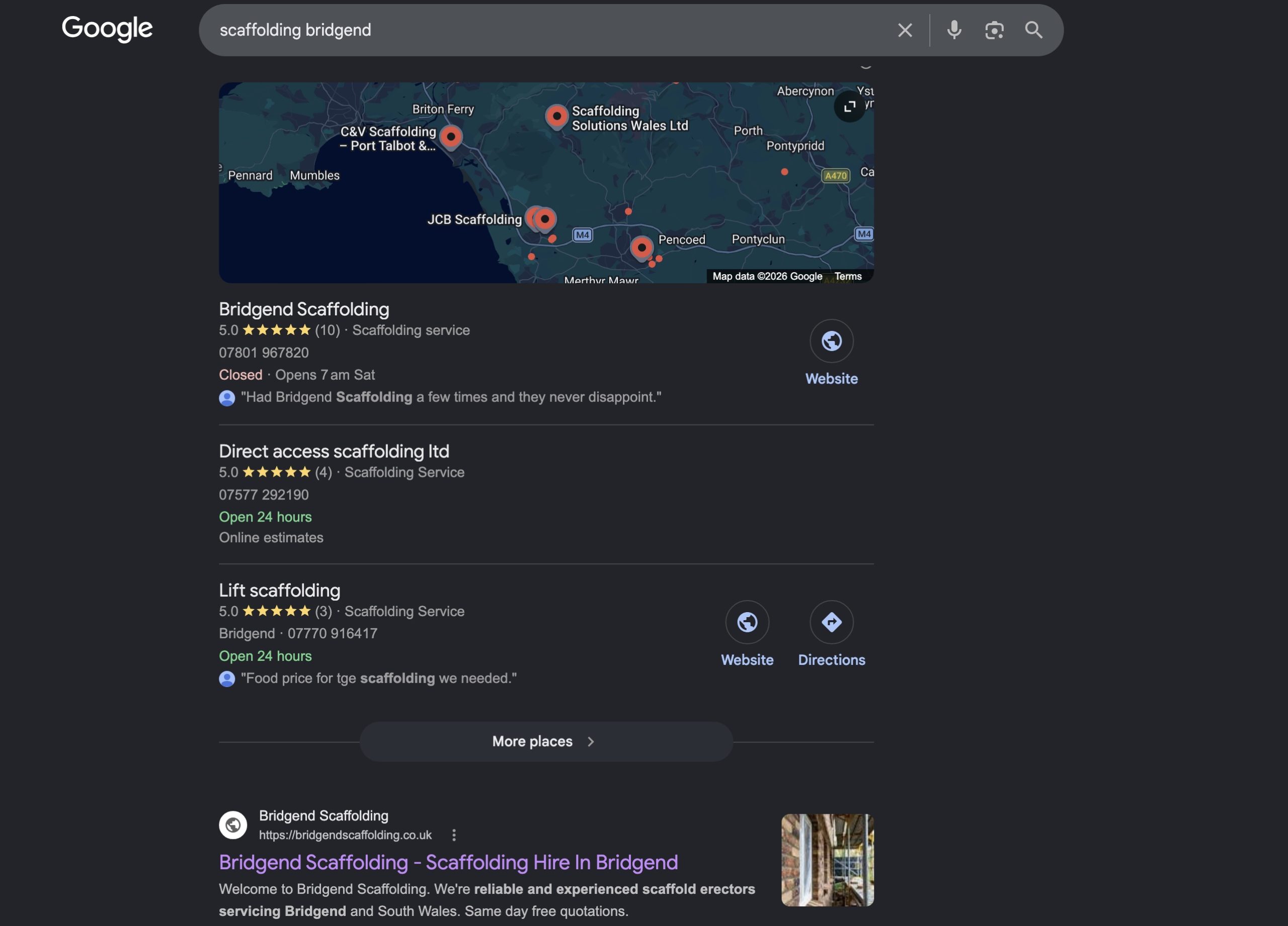 Bridgend Scaffolding appearing prominently in Google Maps rankings